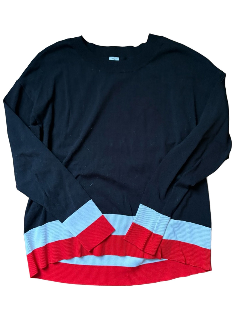 Tristan Black Crewneck Sweater with Red and White Stripe Trim